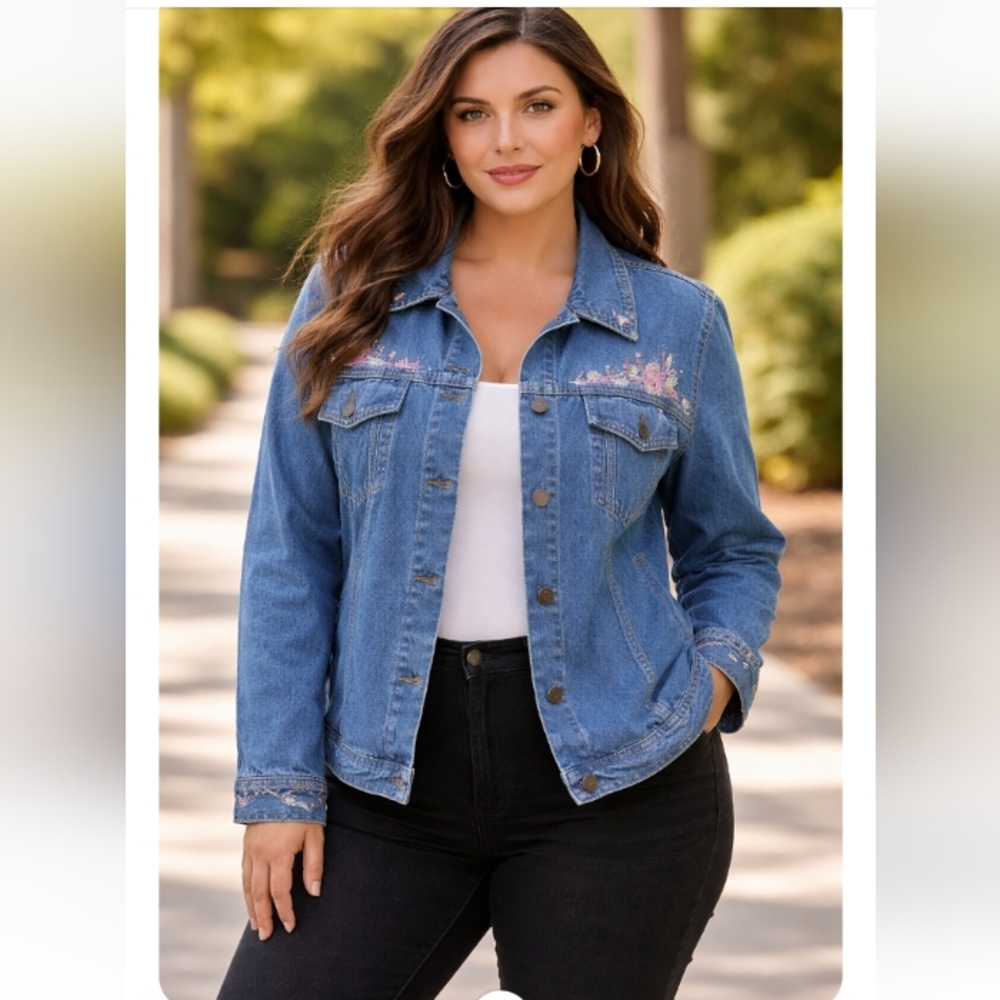 Denim & Co Embroidered Denim Jacket 2X Blue Floral Detail Plus Size